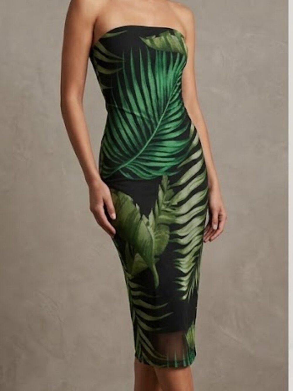 Windsor Tropical Palm Print Strapless Mesh Bodycon Midi Dress - Size S - Picture 1 of 3